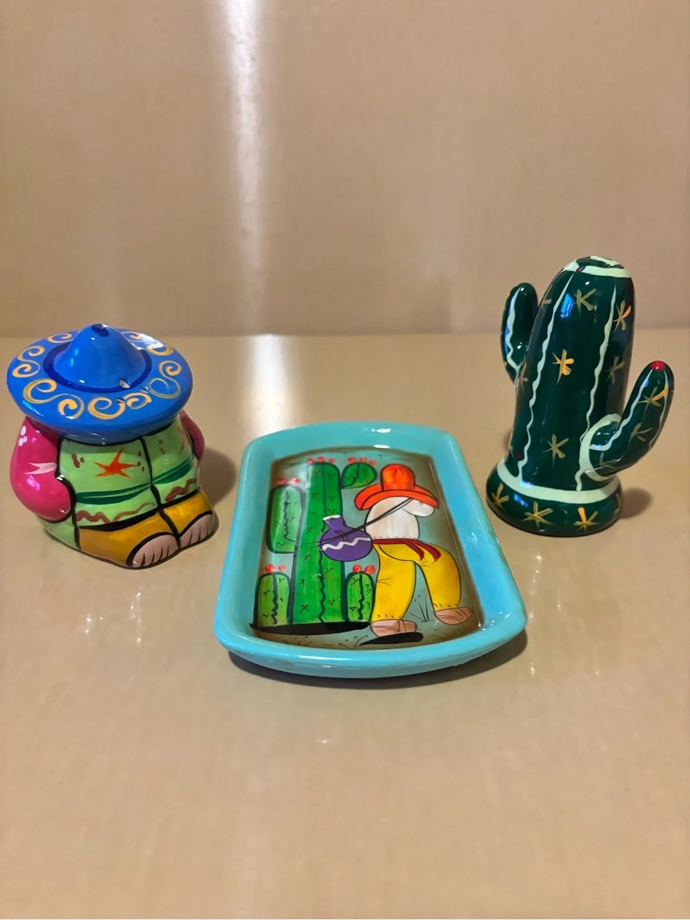 Handpainted Mexican Ceramic Salt & Pepper Shakers with Underplate